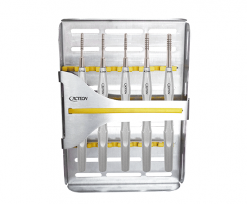 Set of 5 straight convex osteotomes with tray